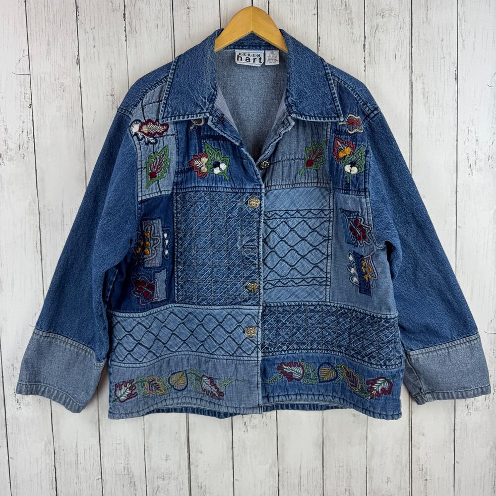 VTG Keren Hart Blue Quilted Denim Jacket Fall Leaf Patchwork Embroidered Size XL